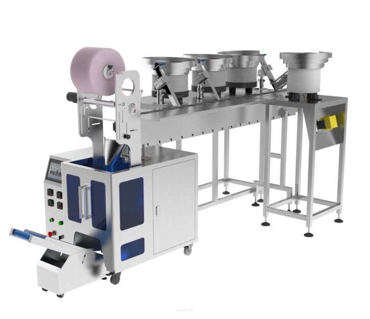 Maszyna, automat pakujący na 4 podajniki + dorzut ręczny + taśma kubełkowa