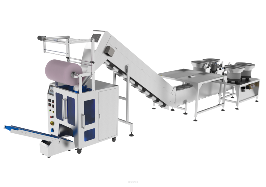 Maszyna, automat pakujący 520 na 4 podajniki + dorzut ręczny 2 stanowiska + taśma kubełkowa 