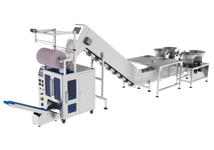 Maszyna, automat pakujący 520 na 4 podajniki + dorzut ręczny 2 stanowiska + taśma kubełkowa 